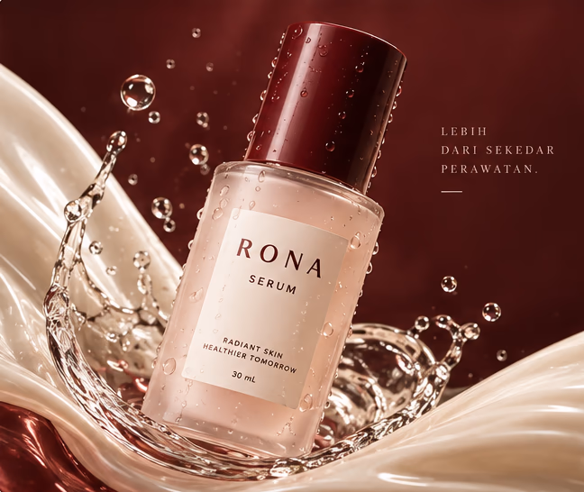 Visual iklan serum RONA dengan percikan cairan